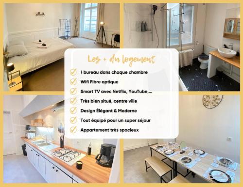 un collage de photos d'une chambre avec un lit et une cuisine dans l'établissement L'Appartement Privilège - 4 chambres - Coeur d'Angers, Spacieux et Élégant, à Angers