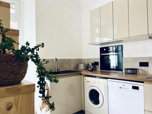 une cuisine avec un lave-linge et un lave-linge dans l'établissement Casamea - Vue Mer, Centre Ajaccio, Clim & WiFi, à Ajaccio