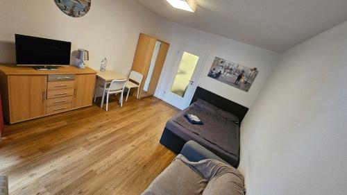 a living room with a couch and a table and a television at Zentral gelegenes Apartment Nähe MHH und Eilenriede in Hannover