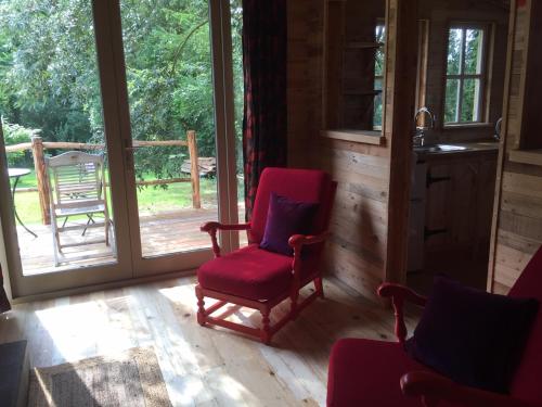 a red chair sitting in a room with a window at Retreat in Nature in Cardigan