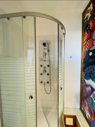 a shower with a glass door in a bathroom at Hotel boutique Paihuen in Valparaíso