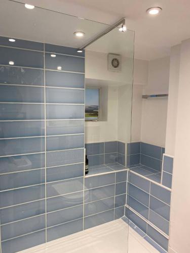 a bathroom with a shower with blue tiles at Rivulet Cottage in Pateley Bridge