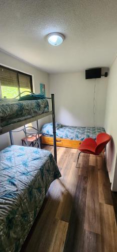 a bedroom with two bunk beds and a wooden floor at Depto 2D-1B con acceso directo a playa Cau Cau in Puchuncaví