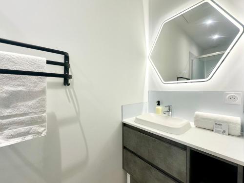 a bathroom with a sink and a mirror at L'Esplanade - Confort & Lumineux in Mont-de-Marsan