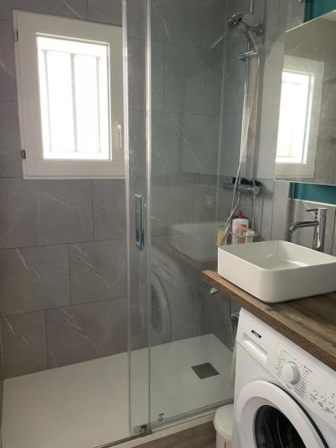 une salle de bain avec douche et lavabo et une machine à laver dans l'établissement Charmante maisonette, à Soustons