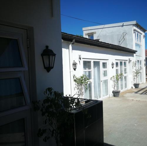 a white house with a potted plant on a patio at M Group B&B in King Williamʼs Town