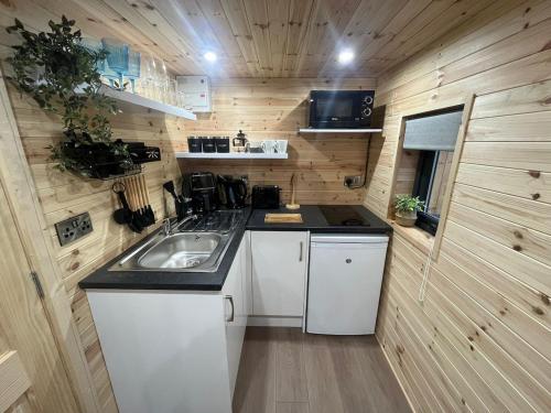 KinloughにあるFiadh Rua Cabin - with Private Outdoor Hottubの小さな家の中のシンク付きキッチン
