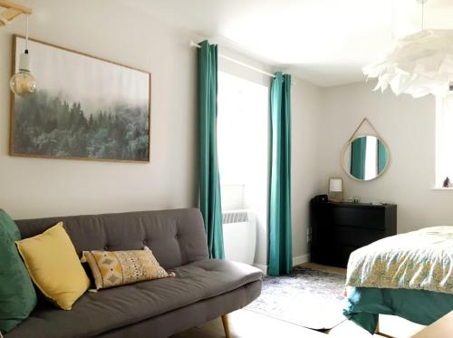 un soggiorno con un divano e un letto di Joli studio zen et cozy au coeur de Saint Claude a Saint-Claude