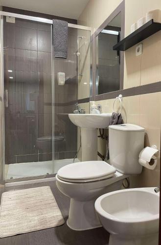 a bathroom with a toilet and a sink and a shower at Casa da Avó Olinda in Góis