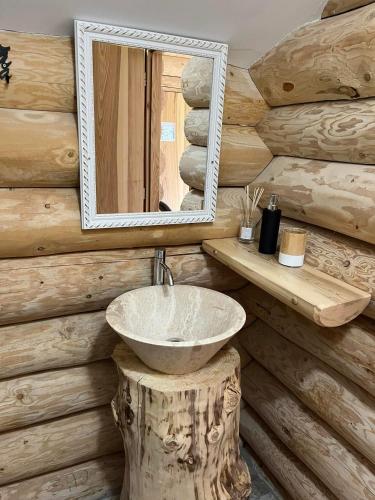 a bathroom with a sink and a mirror at CABANA BELVEDERE in Borşa