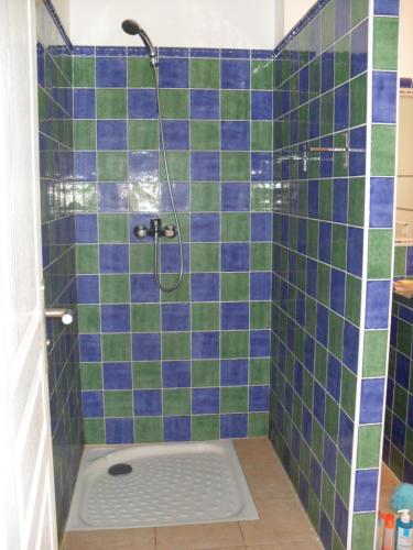La salle de bains est pourvue d'une douche avec un mur carrelé bleu et vert. dans l'établissement Villa bord de mer, à Sartène