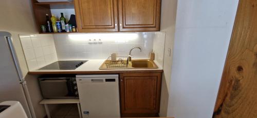 une petite cuisine avec un évier et un réfrigérateur dans l'établissement Appartement familial pour ski et rando, à La Giettaz