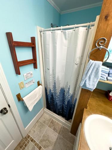 a bathroom with a shower curtain with a sink at The Notch Hostel in North Woodstock