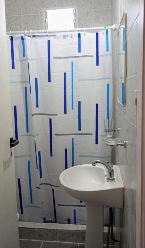 a bathroom with a sink and a shower curtain at Dpto en San Antonio Oeste 2 pax in San Antonio Oeste