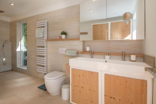 a bathroom with a sink and a toilet at Casita Salpino in Sauzal
