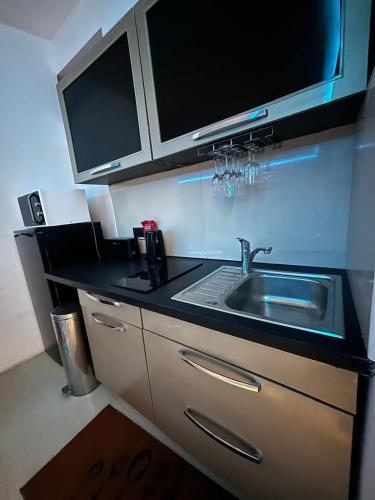 une cuisine avec un évier et un micro-ondes dans l'établissement Cosy 1 bedroom House in Villemomble, With free parking, à Villemomble