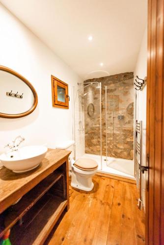 une salle de bain avec toilettes, lavabo et douche dans l'établissement Luxury mountain cottage with pool access - La Bergerie, à Corsavy