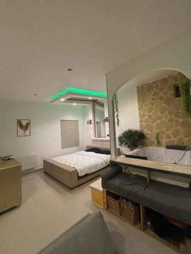 ヴィルモンブルにあるJacuzzi House - 1-Bed & Parking - Villemomble, Parisのベッドルーム(ベッド1台、バスタブ付)