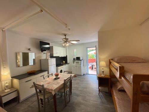 Cette chambre comprend une table, un lit et une cuisine. dans l'établissement Résidence LO MONACO Haut de villa, Appartements et Studios, à San-Nicolao