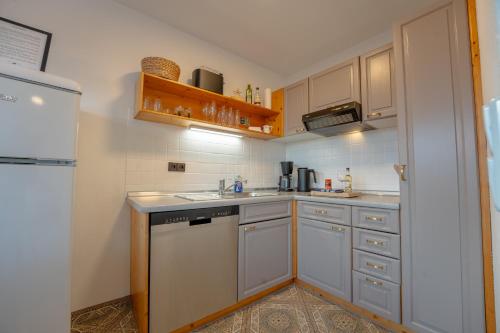 a small kitchen with a sink and a refrigerator at SCHLOSSBERG RESIDENCES - Design-Apartments im Herzen der Pfalz in Sankt Martin