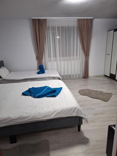 two beds in a bedroom with blue robes on them at Case de vacanță Gabriel in Sovata
