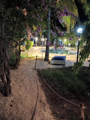 a park at night with a bench and lights at Exotica Sense in Flic-en-Flac