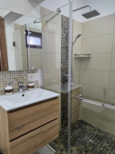 a bathroom with a sink and a shower at Villa Azure Flic-en-Flac 5 min de la plage in Flic-en-Flac