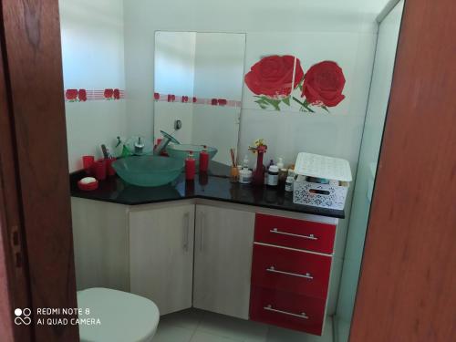 un baño con lavabo y espejo en Casa confortável, en Pelotas