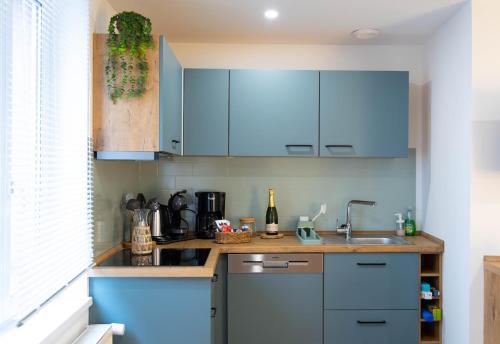 une cuisine avec des armoires bleues et un évier dans l'établissement L'Orée des Thermes, à Niederbronn-les-Bains