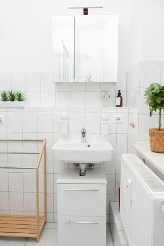 a white bathroom with a sink and a mirror at Apartment im Zentrum mit Stellplatz und Festungsblick in Königstein an der Elbe