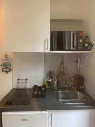 une cuisine avec un évier et un micro-ondes dans l'établissement Entire Studio - Arena La Chapelle, à Paris
