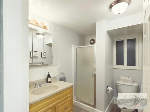 a bathroom with a shower and a sink and a toilet at NEW! OSU Campus Stadium Boho Glamour in Corvallis