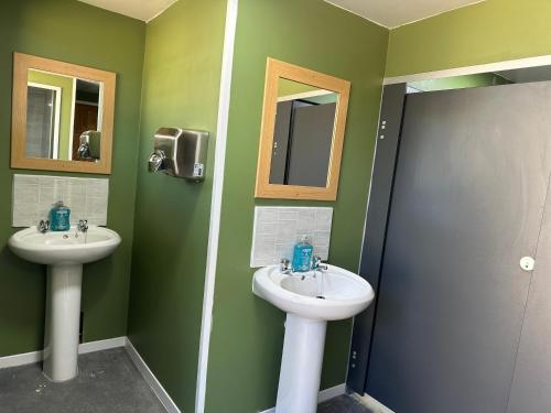 a bathroom with two sinks and green walls at The Beehive in Narberth