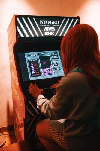 a woman is playing a video game in a box at Posada Pet Friendly El Molino de Cantabria in Entrambasaguas