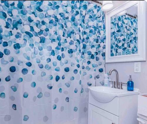 a bathroom with a shower with a blue and white shower curtain at Pet friendly 3 bedroom house in Oklahoma City