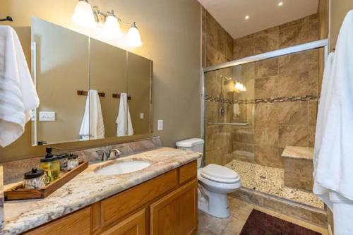 a bathroom with a sink and a shower and a toilet at Flagstaff Family Retreat in Flagstaff