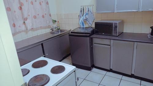 Una pequeña cocina con estufa y microondas. en Appartment to let in Edenvale, en Edenvale