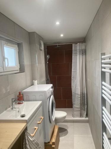 une salle de bain avec une machine à laver et un lavabo dans l'établissement La Pause Carcassonnaise, à Carcassonne