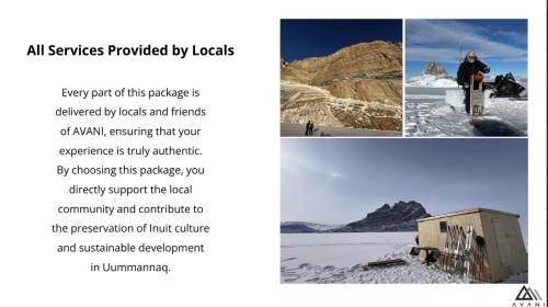 a collage of photos of a person on skis in the snow at Ice Hut on the Sea Ice in Uummannaq