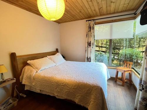 a bedroom with a bed and a large window at Casa a orilla de Lago Panguipulli in Panguipulli