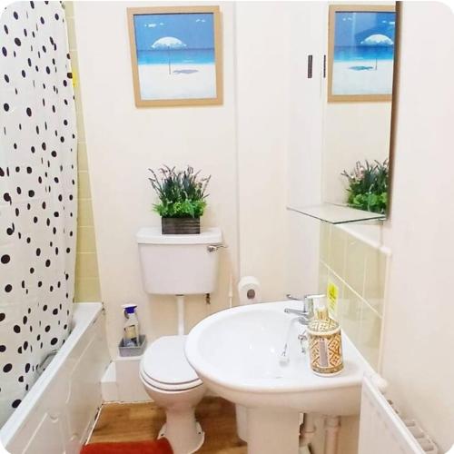 a bathroom with a white toilet and a sink at 1 bed Flat ''Beta'' in Dewsbury road, Leeds in Hunslet