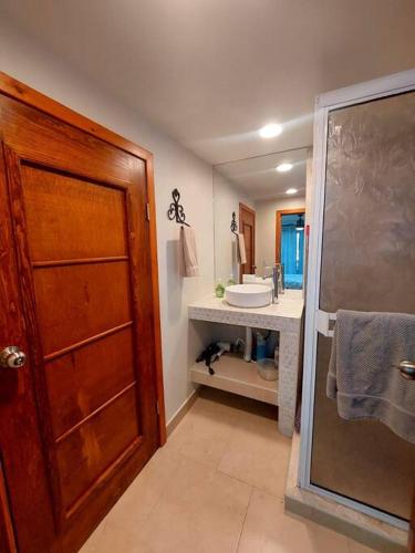 a bathroom with a wooden door and a sink at depa del Oso in Nuevo Casas Grandes