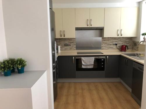 a kitchen with white cabinets and black appliances at Luxury Hampstead Mews House, Close to City Centre in London