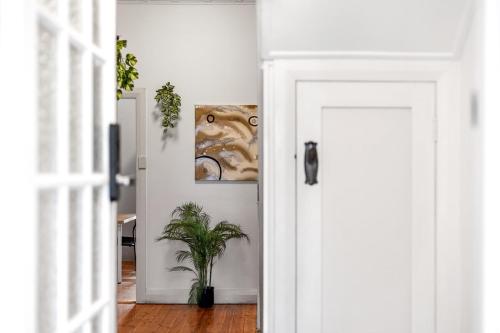 a hallway with a potted plant and paintings on the wall at Quaint Double Room - Seconds to Shops & Eateries - Shared Bathroom in Sydney