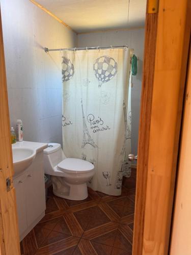 Un baño con inodoro y cortina de ducha. en Cabaña rivera del Captrén, en Curacautín