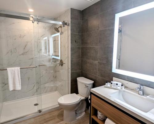 a bathroom with a toilet and a shower and a sink at Sea Glass Beach Place, Trademark Collection by Wyndham in Fort Lauderdale