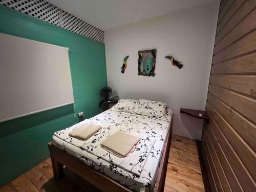 a small bedroom with a bed and a green wall at Casa MatteLeon in Talamanca