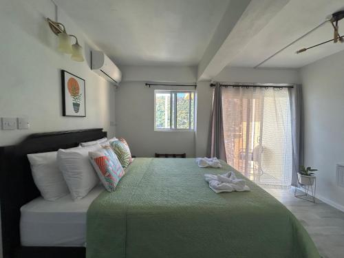 a bedroom with a bed with a green blanket and a window at Infinity apartment in Soufrière