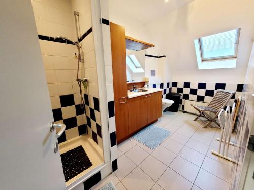 une salle de bain avec une douche, un lavabo et des toilettes dans l'établissement Maison 3 chambres jardin parking proche plage, WIFI, animaux acceptés - FR-1-675-43, à Wimereux