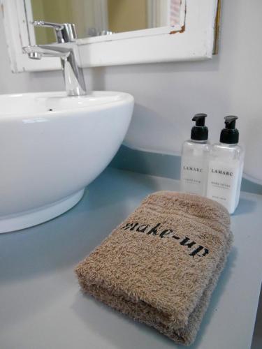a bathroom with a sink and a towel on a counter at The Garden Shed Guest House in Wellington